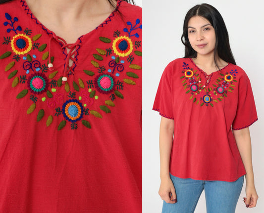 90s Red Floral Embroidered Mexican Blouse Lace-Up Short Sleeve Small Medium