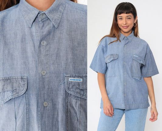 90s Blue Chambray Button-Up Shirt Short Sleeve Denim Oxford Medium