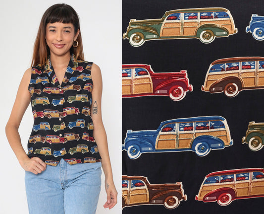 90s Classic Car Print Sleeveless Button-Up Blouse White Collar Small
