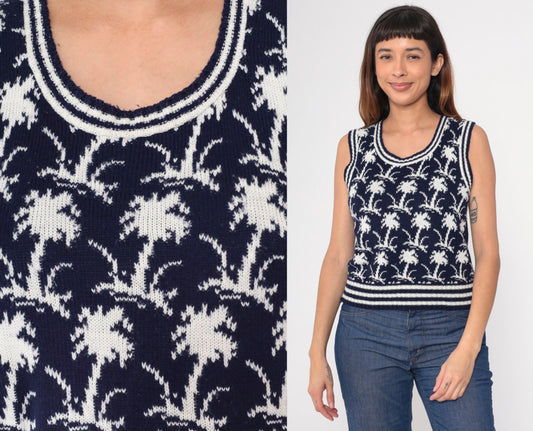 70s Palm Tree Knit Vest Navy White Scoop Neck Sleeveless Top Small S