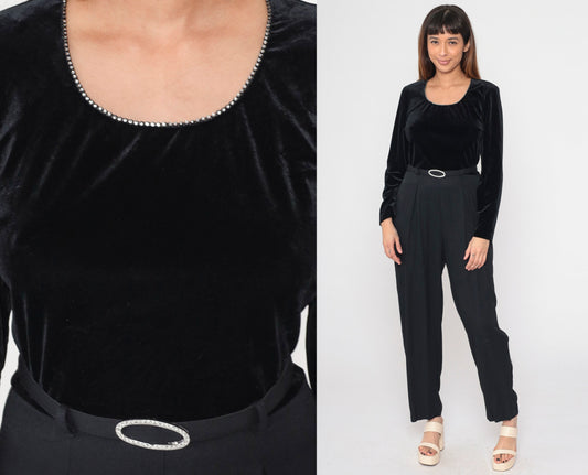 90s Black Velvet Jumpsuit Rhinestone Scoop Neck Tapered Long Sleeve Medium