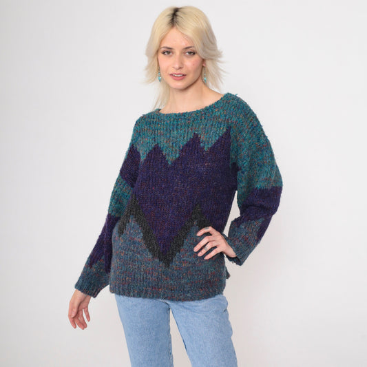 90s Purple Teal Colour Block Wool Blend Sweater Geometric Knit Large L