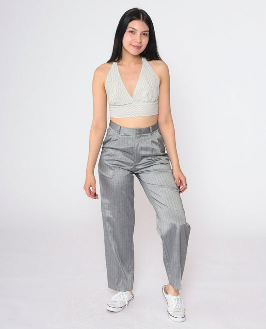 90s Grey Pinstripe High-Waisted Pleated Straight-Leg Trousers Small