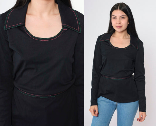 70s Black Long Sleeve Blouse Wide Collar Contrast Stitching Tie Belt Small