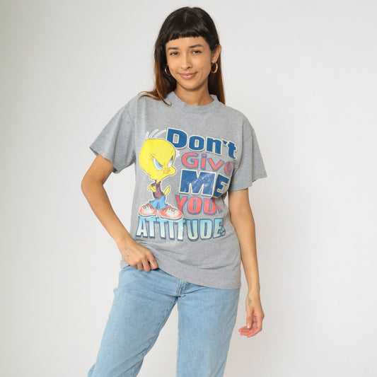 90s Tweety Bird Attitude Graphic T-Shirt Grey Warner Bros Medium