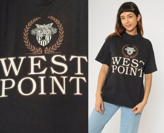 90s West Point Military Academy Black Mock Neck Graphic Tee Medium