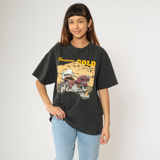 90s Mount Rushmore Forever Gold Motorcycle Graphic Tee Black Cotton Extra Large