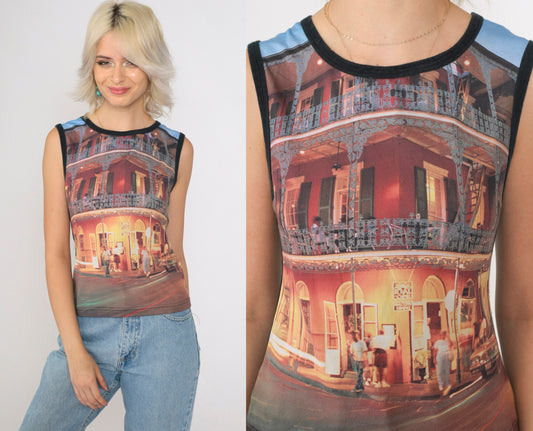 Y2K New Orleans Cityscape Tank Top 00s Urban Graphic Sleeveless Small