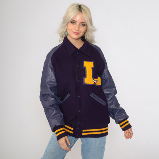 00s Neff Wool Varsity Jacket Purple Faux Leather Sleeves Magic Lamp Small