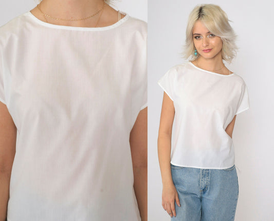 90s White Cap Sleeve Blouse Semi-Sheer Cotton Small