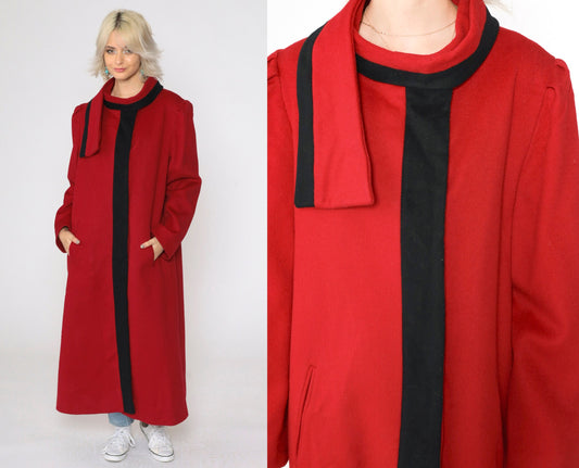 80s Alorna Wool Coat Red Black Trim Long Overcoat Puff Sleeve Medium