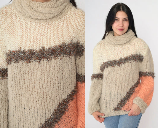 80s Color Block Turtleneck Sweater Beige Openwork Knit Geometric Pullover Small