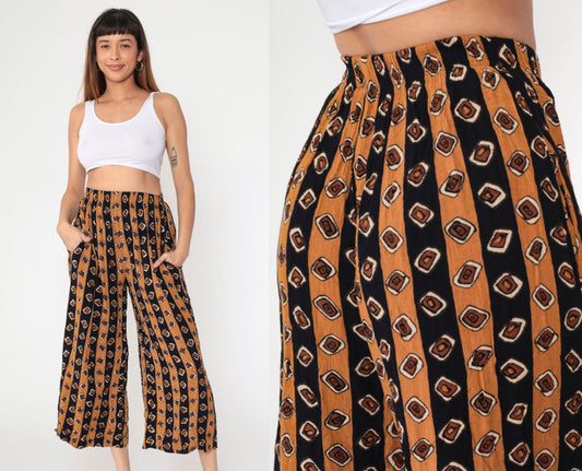 90s Geometric Striped Rayon Capri Pants Burnt Orange Black Elastic Waist XS