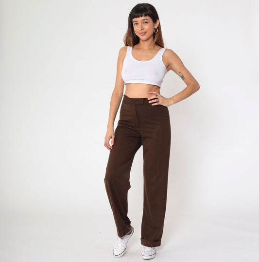 00s Liz Claiborne Brown High-Waisted Cuffed Straight Trousers Small 4