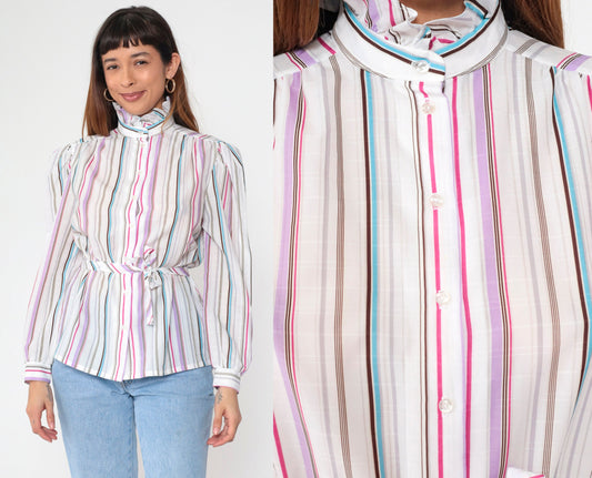80s Jonquil Striped Button-Up Blouse Puff Sleeve Ruffle Collar Multicolor Large
