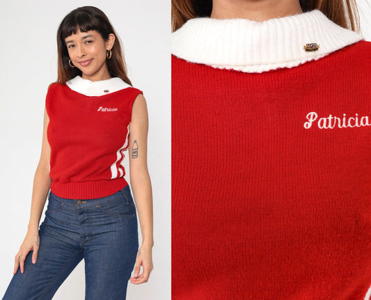 80s USA Drill Team Sweater Red Knit White Stripe Patricia Cheer Top Small