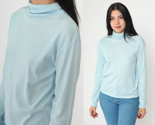 90s Baby Blue Turtleneck Long Sleeve Shirt Plain Vintage Medium
