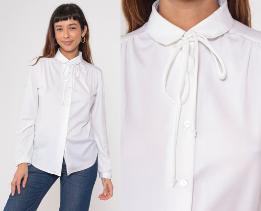 70s White Necktie Blouse Button-Up Long Sleeve Ascot Shirt Medium Large
