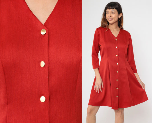 80s Red Button-Up Shirtdress V-Neck Princess Seam Flare Large
