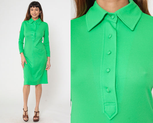 1970s Saks Fifth Avenue Lime Green Mod Shift Dress Collar Long Sleeve Small