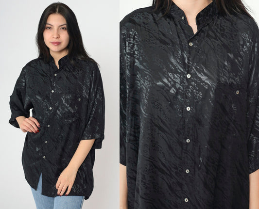 90s Animal Print Shiny Black Button-Up Shirt Zebra Leopard Stripe Large L