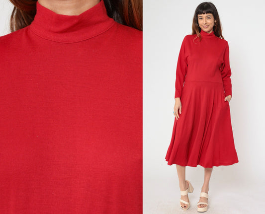90s Karen Kane Red Wool Midi Dress Mock Neck Long Sleeve Small 4