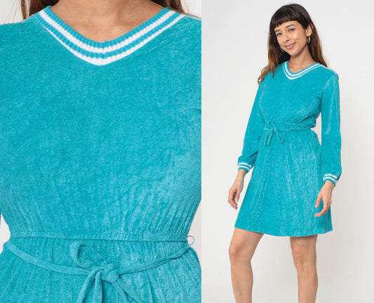 70s Turquoise Terry Cloth Mini Dress V-Neck Long Sleeve Elastic Waist Extra Small