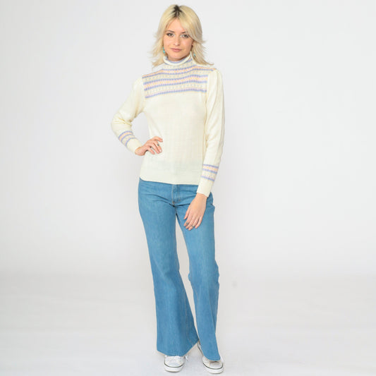 80s Fair Isle Sweater Ivory Puff Sleeve High Neck Knit Pullover Extra Small