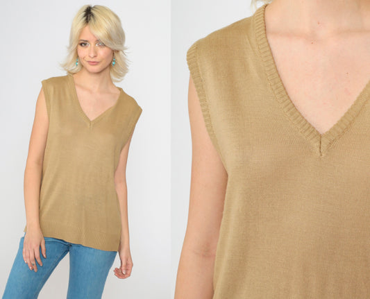70s Tan Knit Sweater Vest V-Neck Sleeveless Tank Top Medium