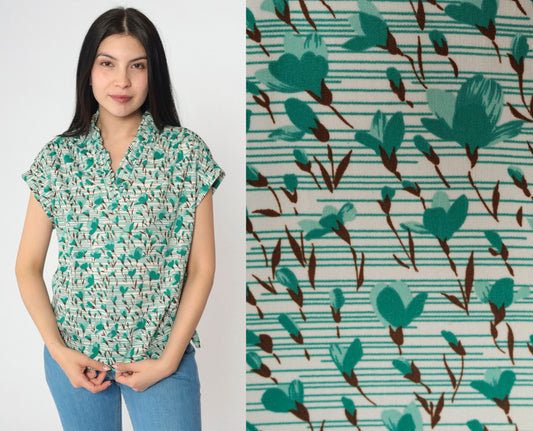 70s Graff Floral Striped Blouse Green Cap Sleeve V Neck Ruffled Small