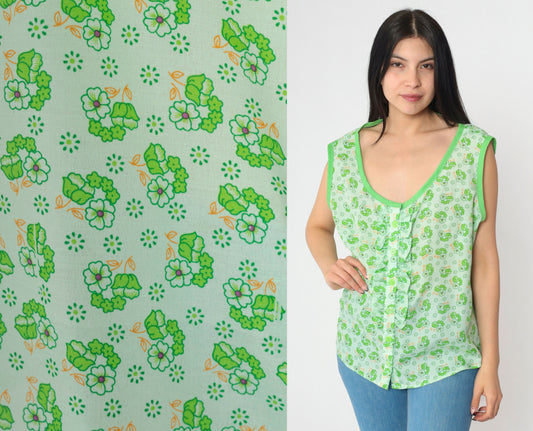 70s Floral Green Tank Top Button-Up Ruffled Sleeveless Blouse Extra Large XL
