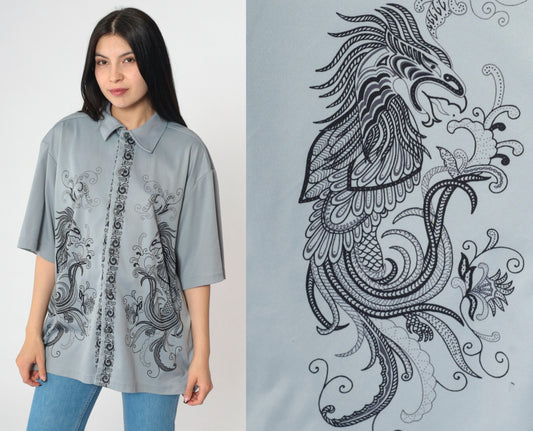 Y2K Dragon Print Button-Up Shirt Grey Short Sleeve Extra Large XXL