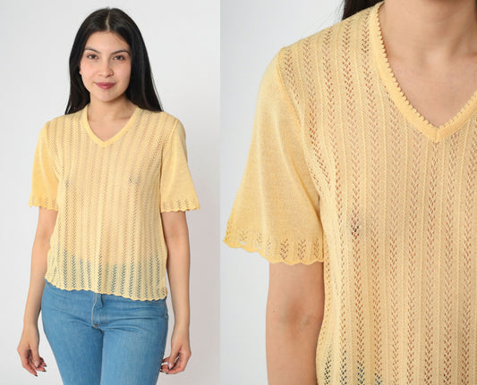 80s Yellow Open Weave Knit Sweater Top V-Neck Short Sleeve Small