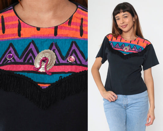 90s Southwest Fringe T-Shirt Black Rhinestone Yoke Small