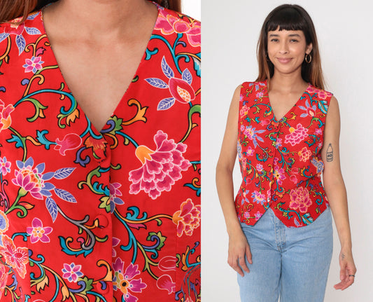 90s Casual Corner Silk Vest Red Floral Print Button Up V Neck Small