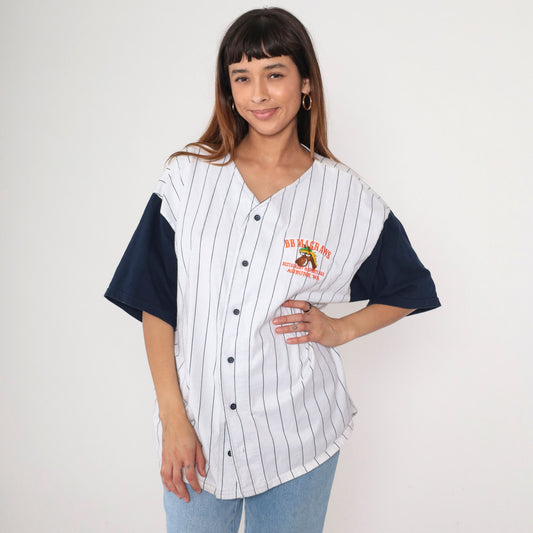 90s BB Magraws Auburn WA Baseball Shirt Navy Pinstripe Cotton Jersey Extra Large