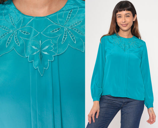 80s Teal Embroidered Cutwork Collar Blouse Button-Back Long Sleeve Small
