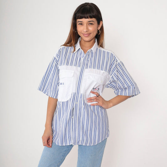 90s Anchor Blue Striped Cargo Shirt White Blue Cotton Button Up Medium