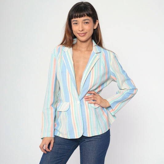 70s Beeline Fashions Pastel Striped Blazer Notched Collar Medium