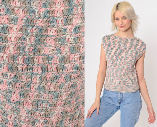 80s Openwork Crochet Sweater Top Ombre Pink Blue Cap Sleeve Extra Small