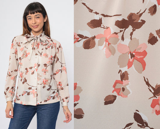 70s Floral Taupe Ascot Blouse Button-Up Long Sleeve Shirt Medium