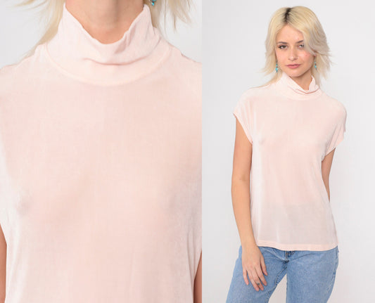 90s Coldwater Creek Mock Neck Top Baby Pink Cap Sleeve Medium M