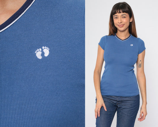 90s Hang Ten Blue Ringer T-Shirt Footprint Logo Surf Tee Extra Small