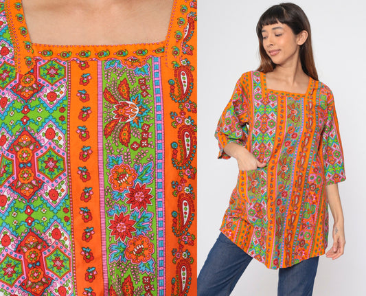70s Floral Paisley Orange Apron Top Tie Back Tunic Small