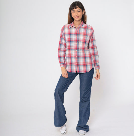 90s Plaid Button Up Shirt Red White Blue Checkered Long Sleeve Medium