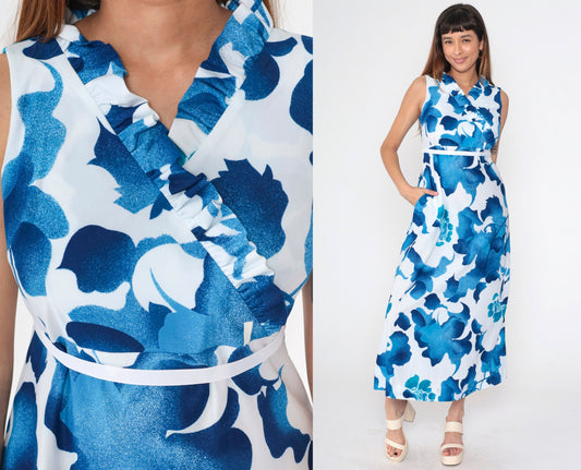 70s Hawaiian Floral Maxi Dress Empire Waist Ruffle V-Neck Sleeveless Blue Small