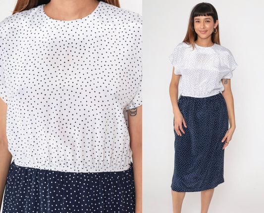80s Leslie Fay Polka Dot Knee-Length Dress Navy White High-Waisted Medium
