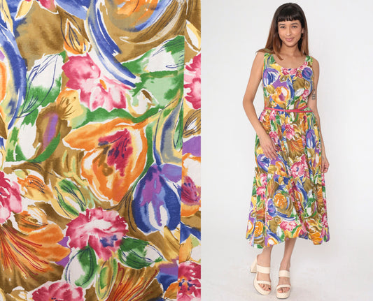 90s Banana Republic Floral Midi Dress Multicolor Sleeveless High Waist Small 6