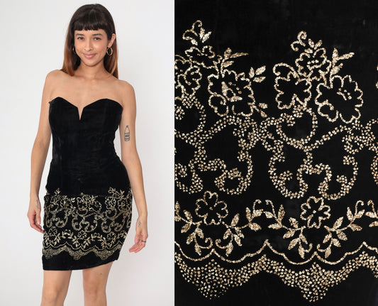 80s Scott McClintock Black Velvet Mini Dress Strapless Sweetheart Neckline Gold Floral Medium