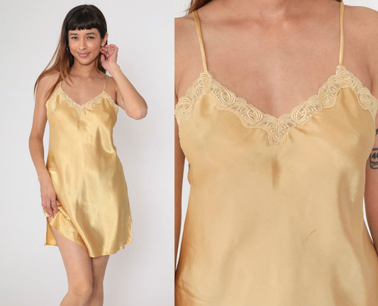 90s Gold Satin Slip Dress Lace Trim Spaghetti Strap Mini Chemise Small